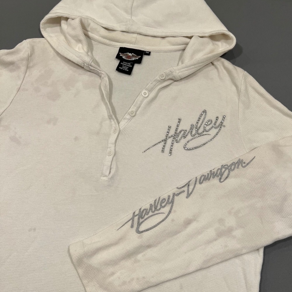 Harley Davidson Rhinestone Waffle Knit Henley Hoodie White Y2K 1W Plus